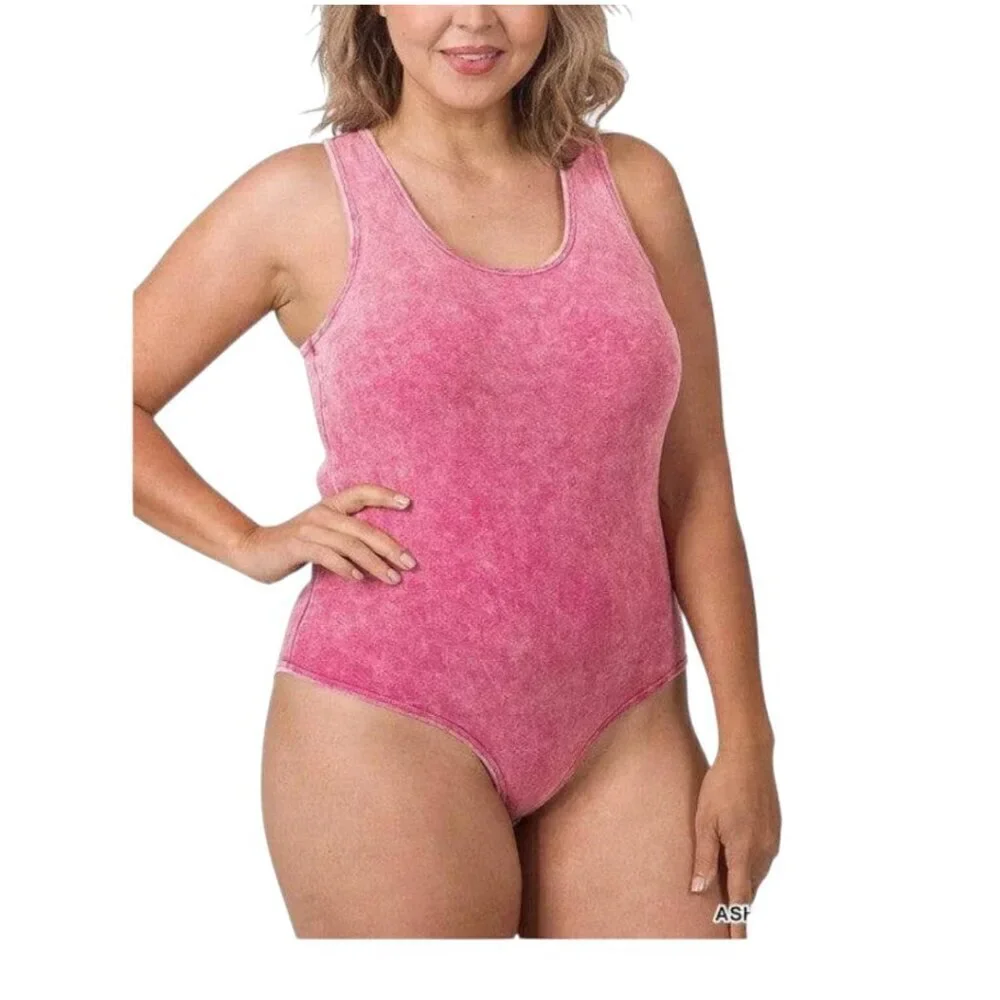 Zenana Acid Washed Racerback Tank Bodysuit I Size: 2X - Picture 2 of 12